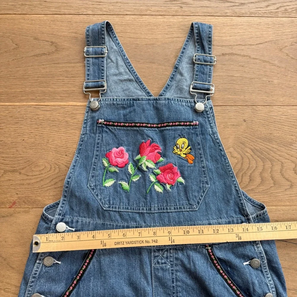 Warner Bros Studio Tweety Bird Rose Embroidered Denim Overall Maxi Dress XS NWT - Picture 4 of 10